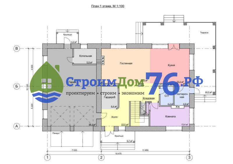 Проект трёхэтажного дома СД-87 - 1 ЭТАЖ